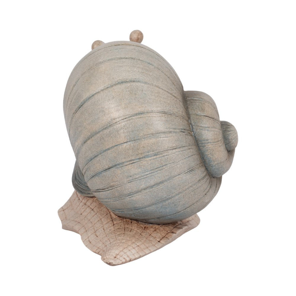 A ceramic snail sculpture with a textured shell.