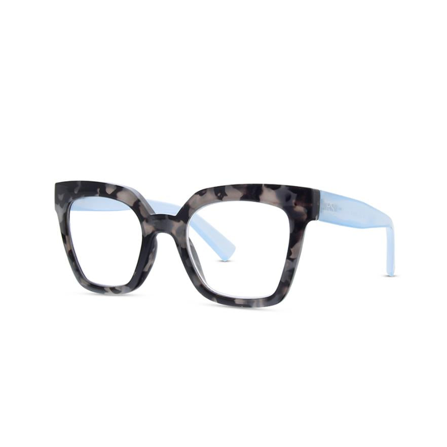 Tortoiseshell glasses with light blue temples.