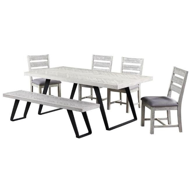 Modern dining set with grey table, chairs, and bench with black metal legs.