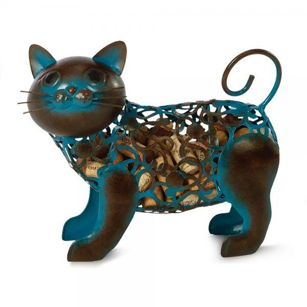 Metal cat-shaped cork holder with intricate cutout design.