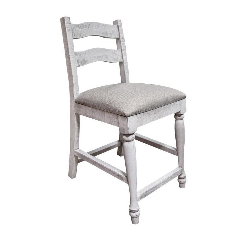 White wooden chair with a cushioned seat.