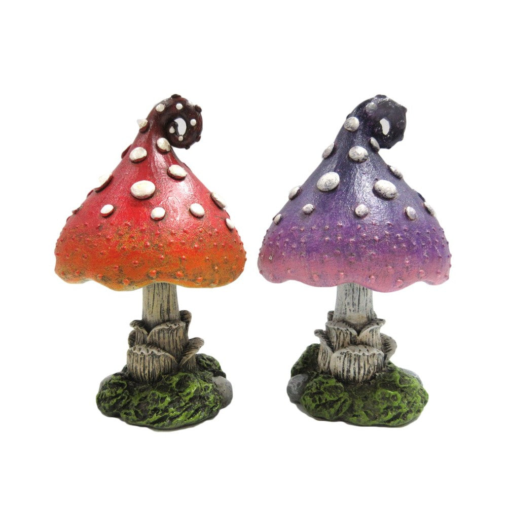 Two whimsical mushrooms: one orange, one purple, with dotted caps.