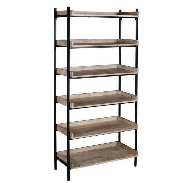 Wooden shelves with black metal frame, five tiers.