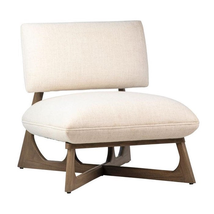 Modern beige chair with wooden legs and minimalist design.
