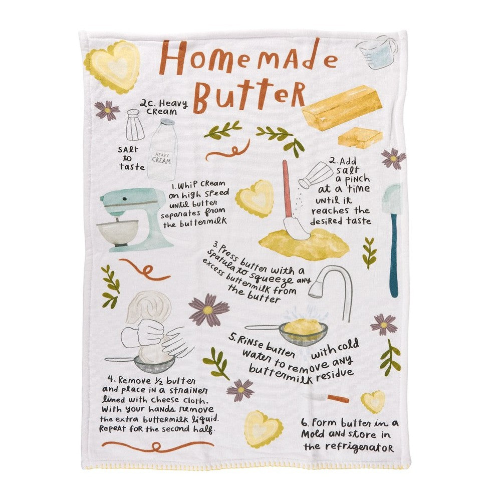 Illustrated instructions for making homemade butter on a decorative cloth.