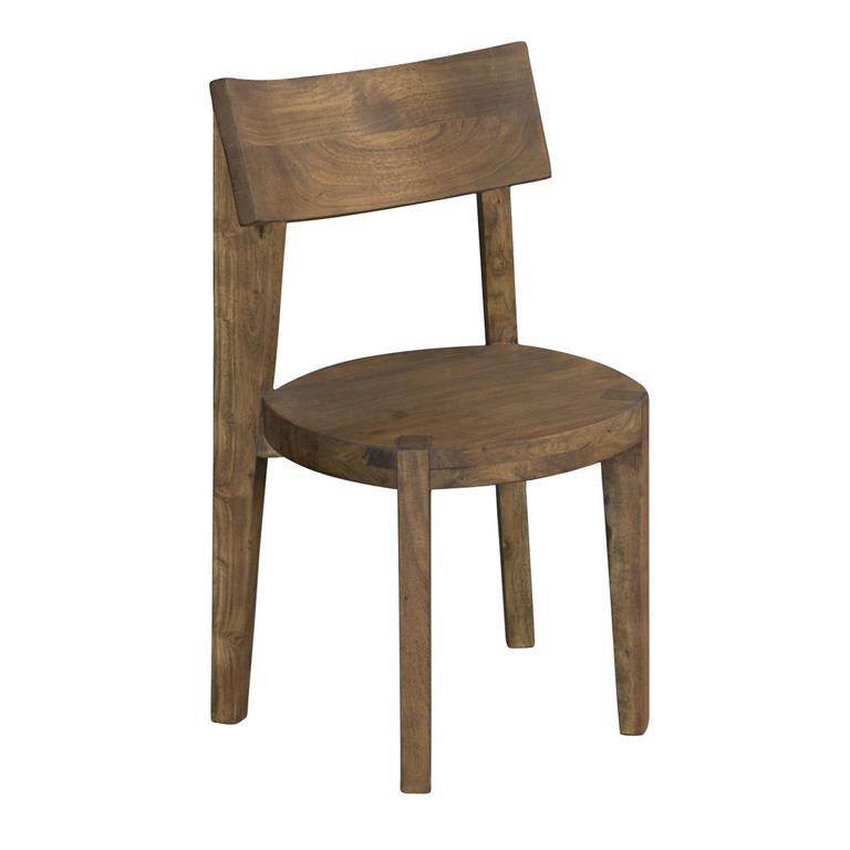 Wooden chair with round seat and a simple backrest.