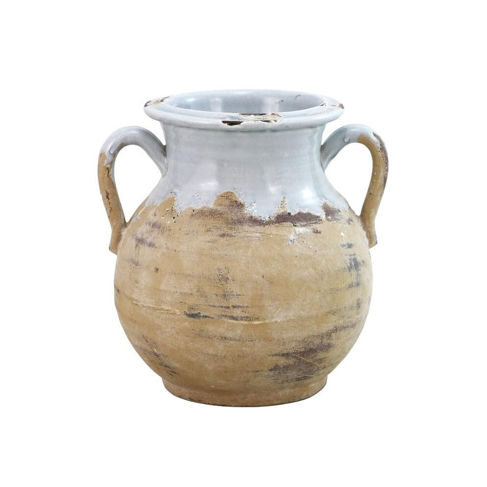 Rustic clay pot with two handles and a weathered finish.