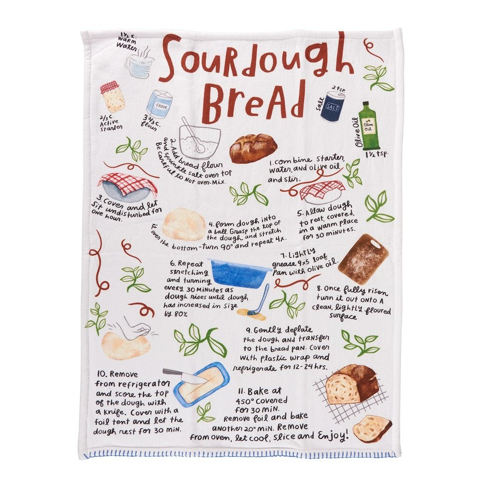 Sourdough bread recipe illustrated on a tea towel with colorful steps and ingredients.