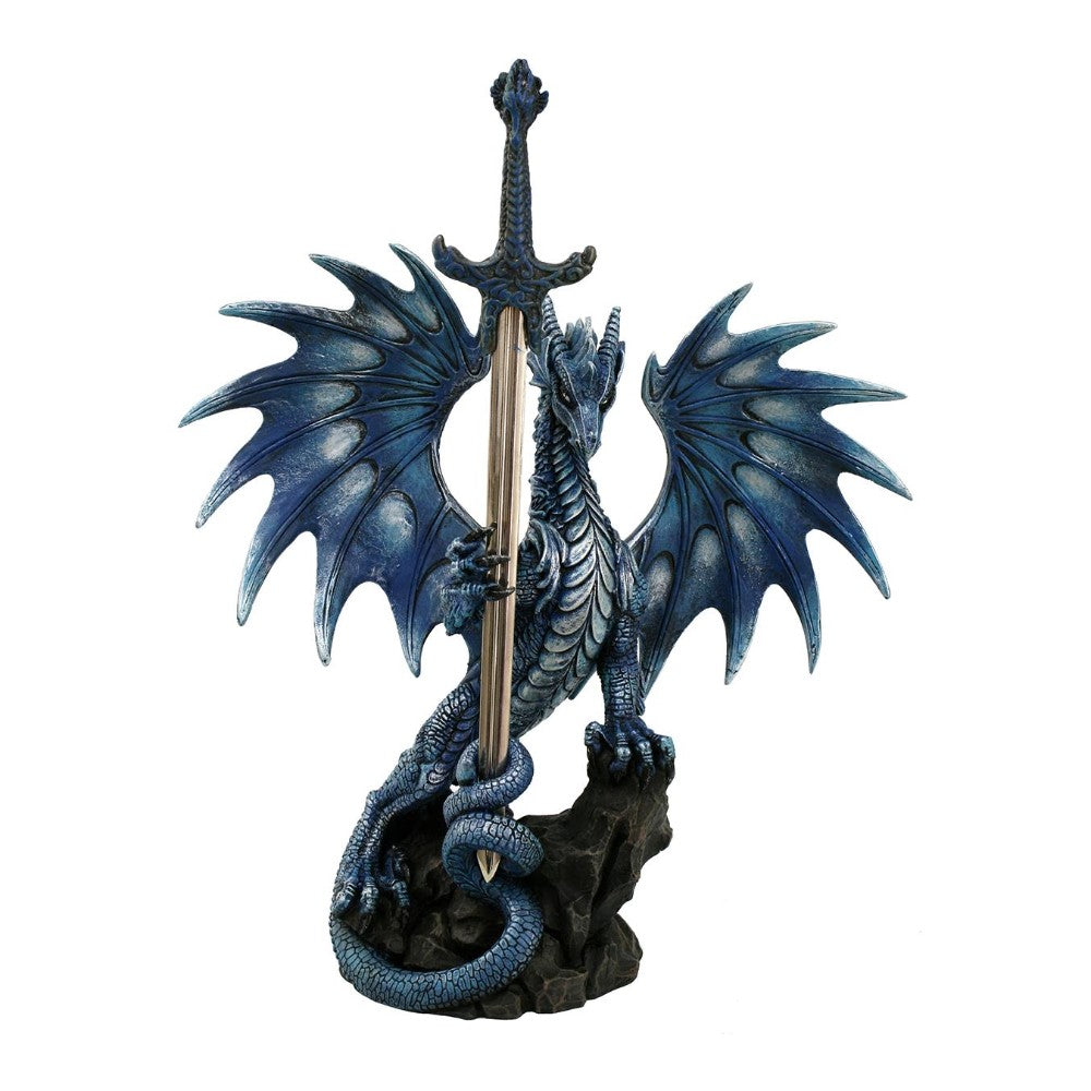 Blue dragon holding a sword atop a rock.