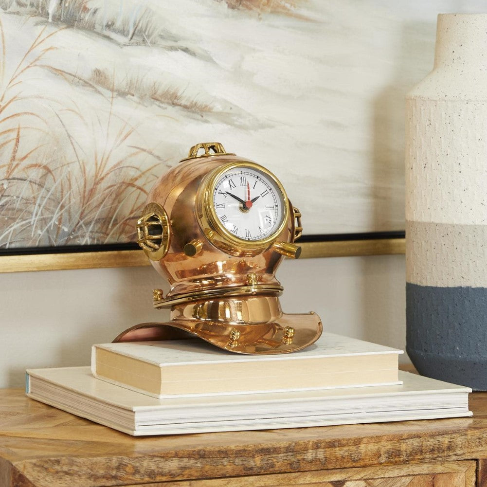 Diver helmet clock on books, with nautical decor backdrop.