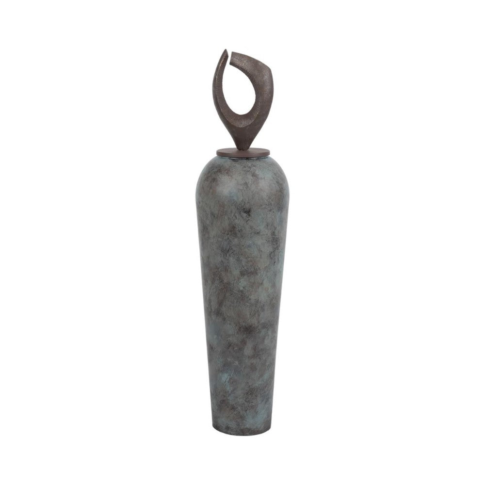 Tall vase with abstract, organic finial on top.