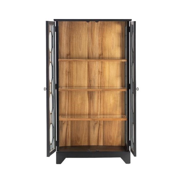 Black framed cabinet with wooden shelves, doors open.