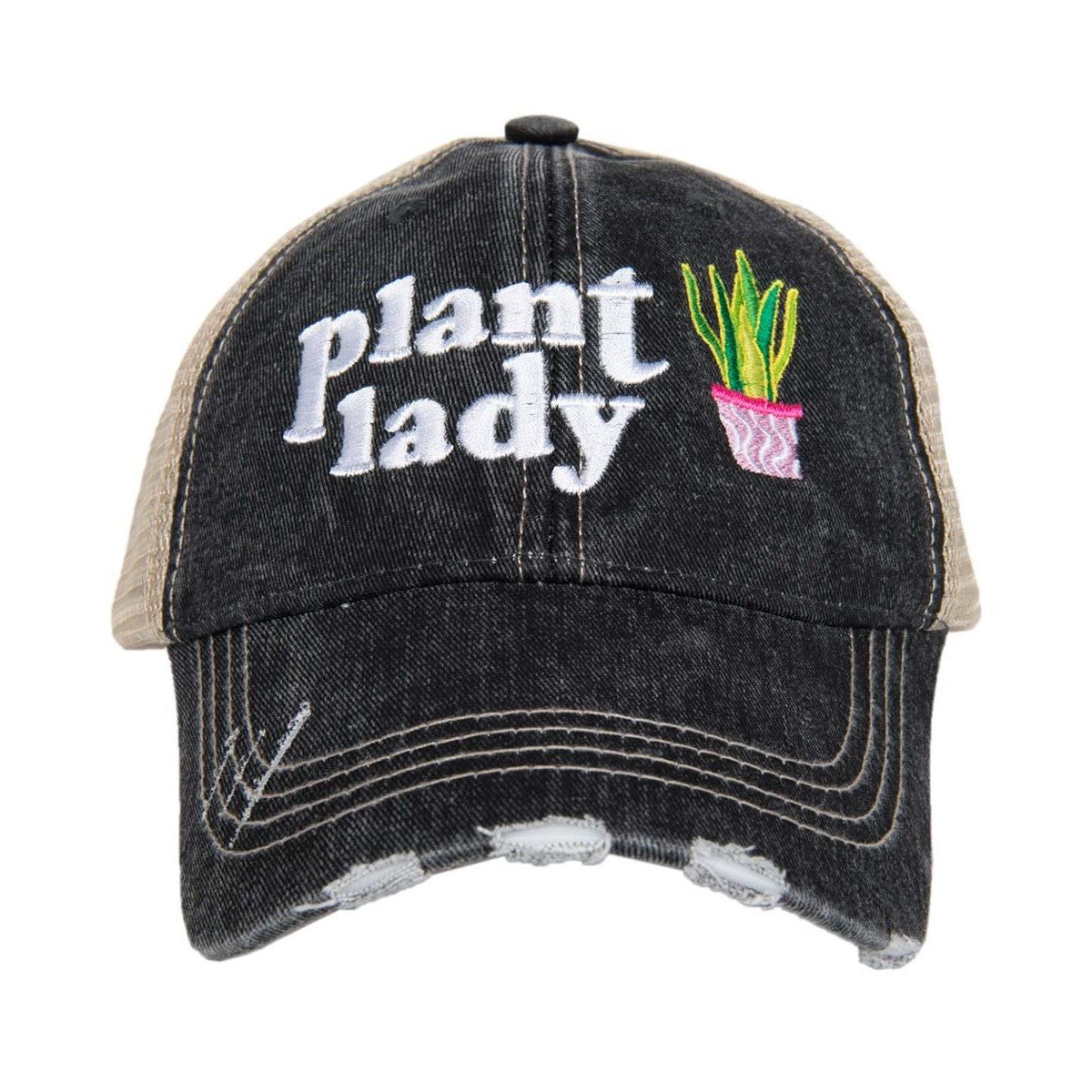 Black cap with "plant lady" text and plant design.