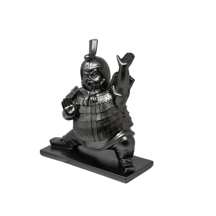 Black samurai figure in a dynamic pose on a flat base.
