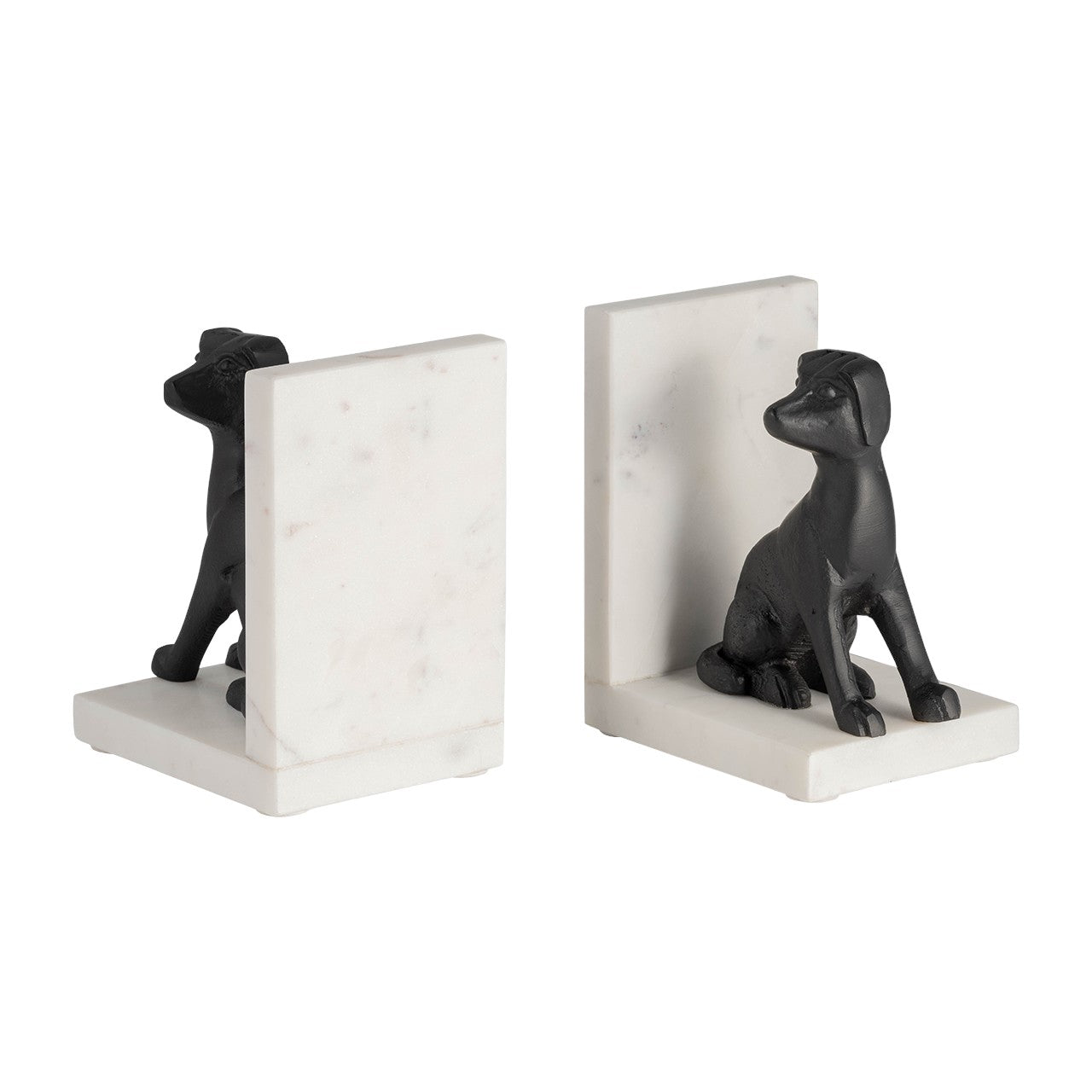 Black dog statues as bookends on white bases.