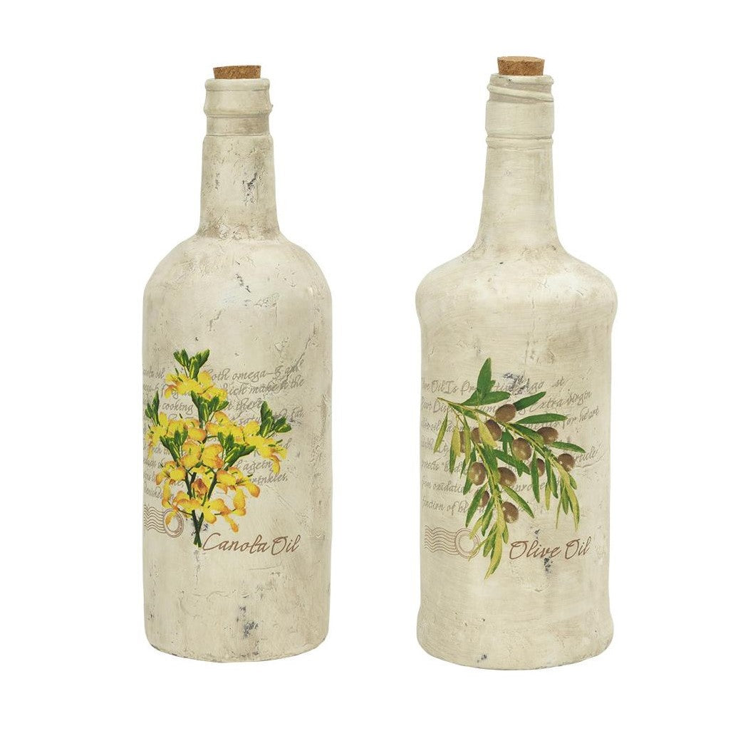 Two rustic bottles with floral designs, labeled Canola and Olive Oil.