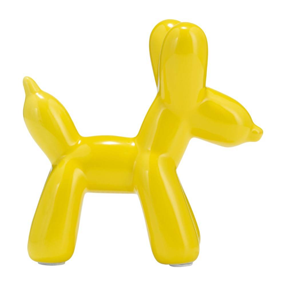 Yellow balloon dog sculpture on a white background.