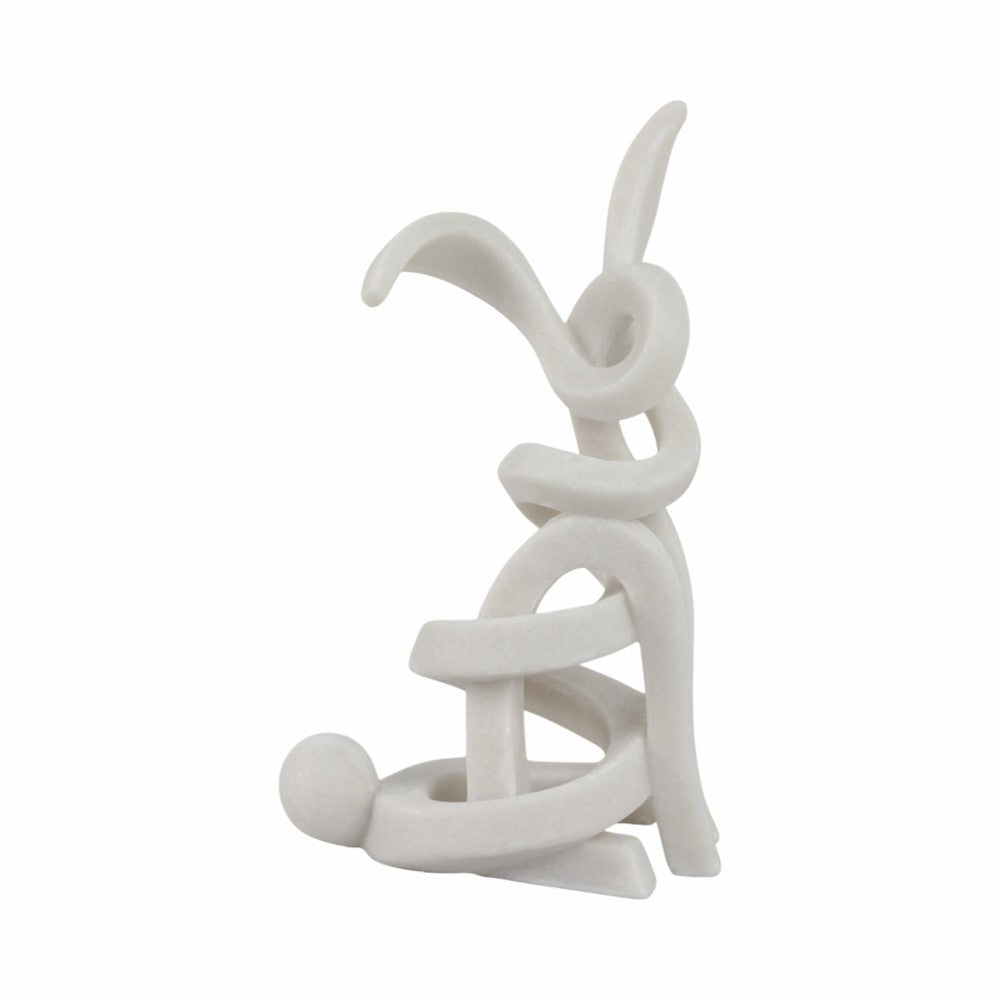 Abstract white sculpture with looped forms and a vertical design.