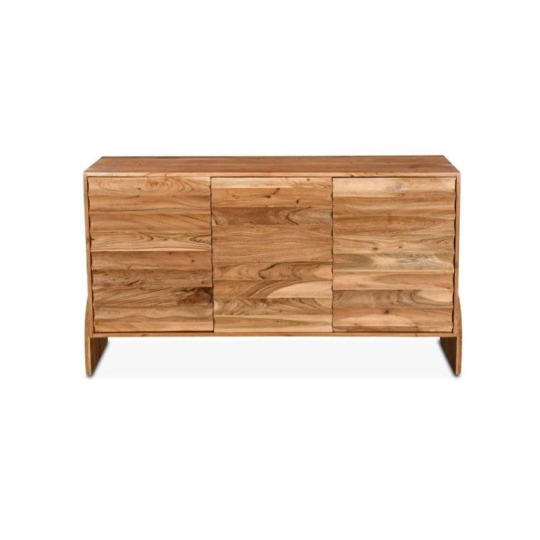 Wooden dresser with a natural finish and sleek design.