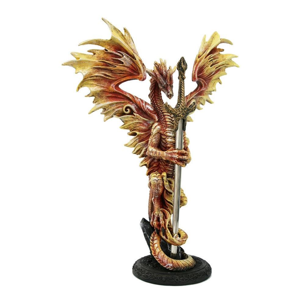Winged dragon statue holding a sword.