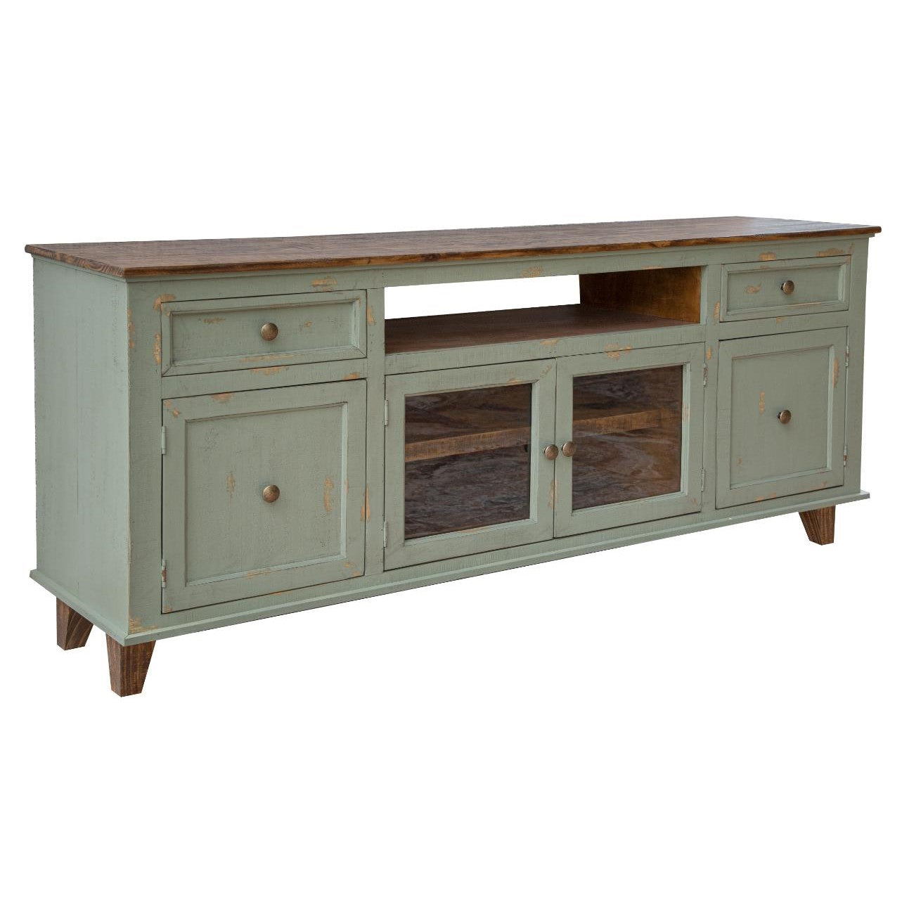 Vintage green sideboard with wooden top and multiple storage compartments.