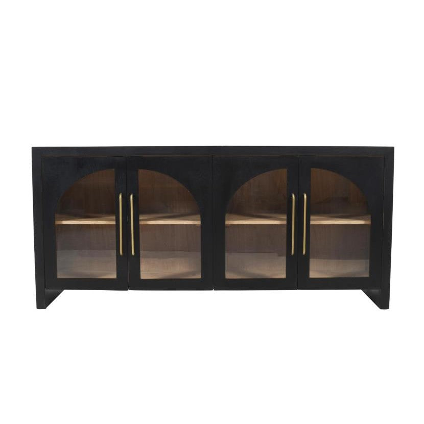 Black sideboard with glass doors and gold handles.