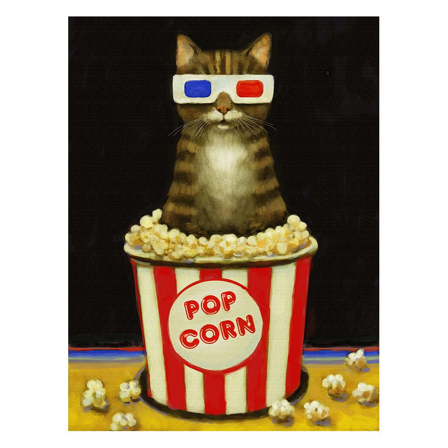 Cat with 3D glasses in popcorn bucket, ready for a movie.