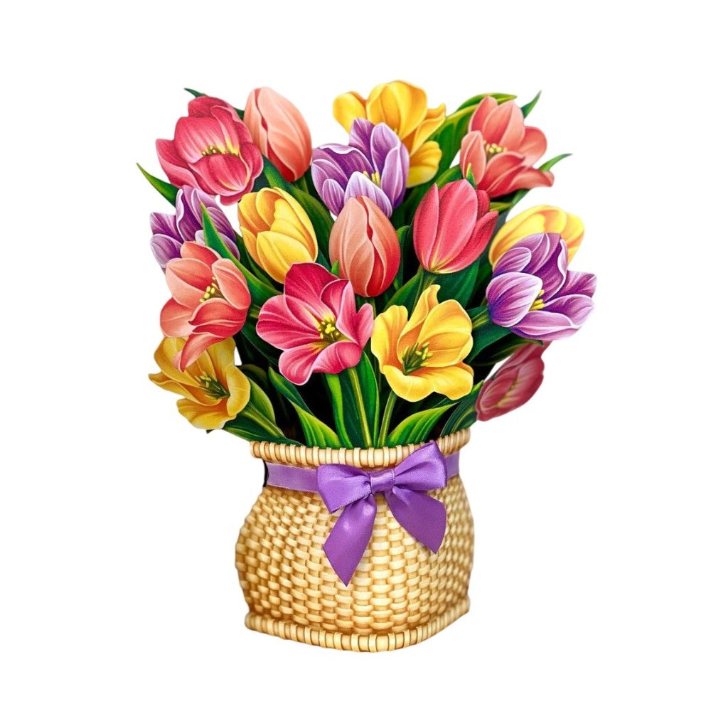 Basket of vibrant tulips with a purple ribbon bow.