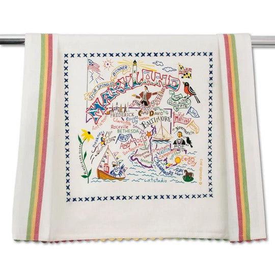 Towel featuring a colorful Maryland map with landmarks and symbols.