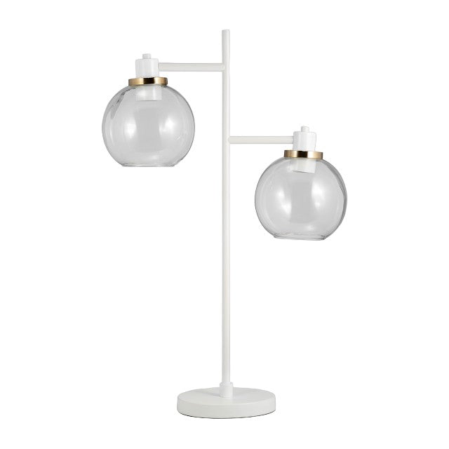 Modern double-globe table lamp with gold accents.