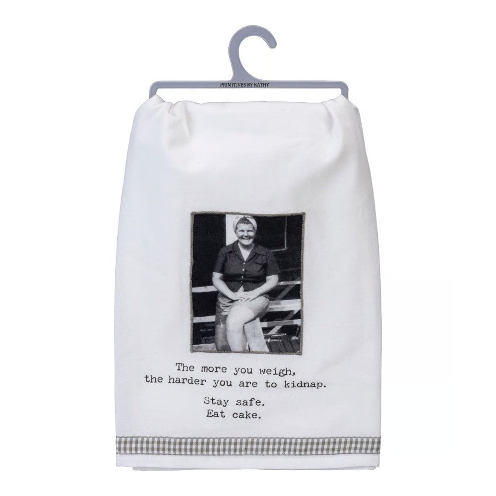 Towel with a vintage photo and a humorous quote about weight and safety.