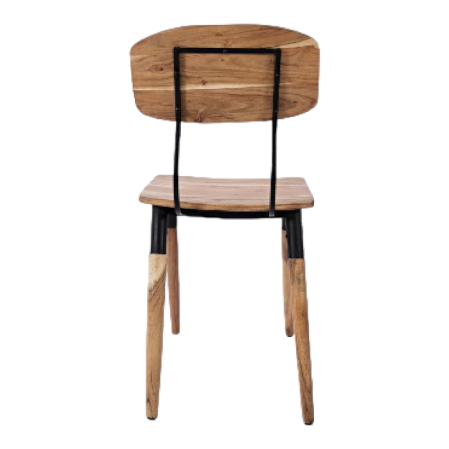 Wooden chair with a black metal frame, view from the back.