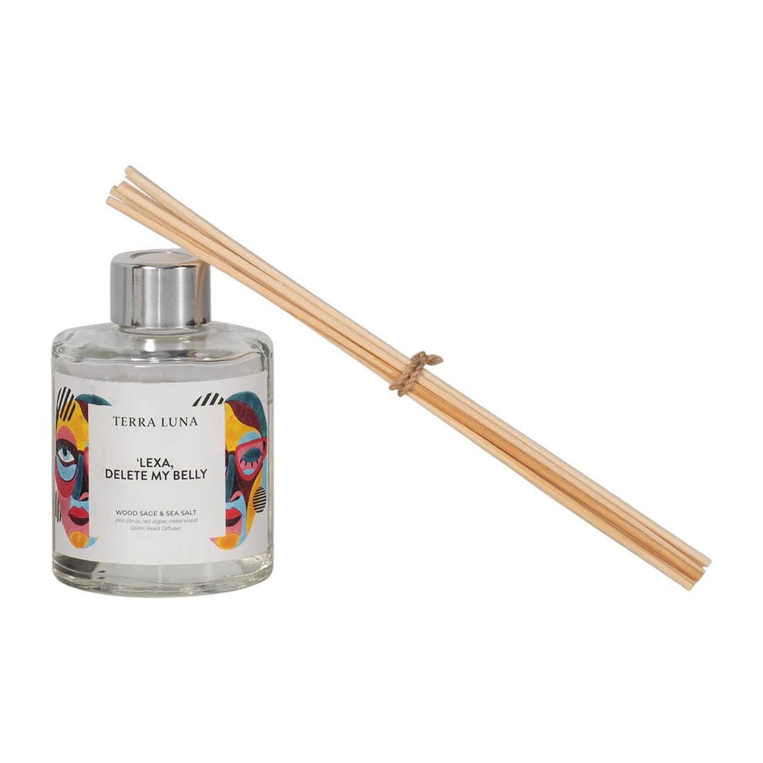 Reed diffuser with colorful abstract label and wooden sticks.