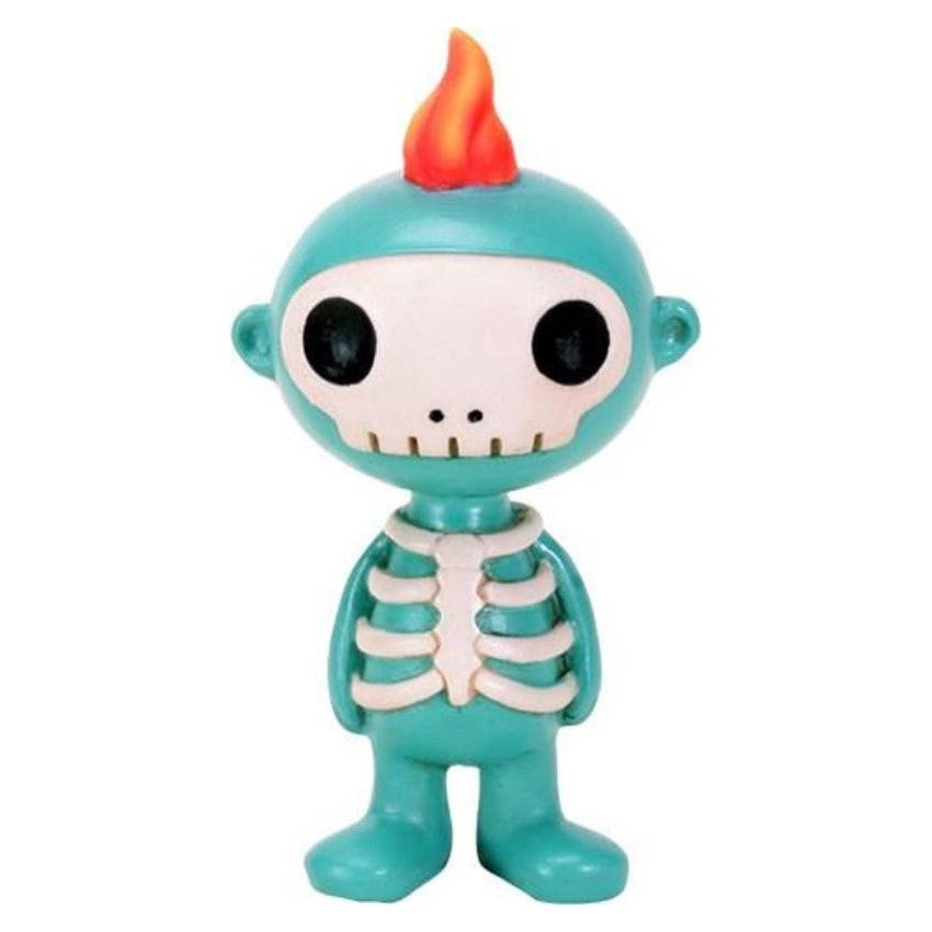 Cute teal skeleton figure with flame on head.
