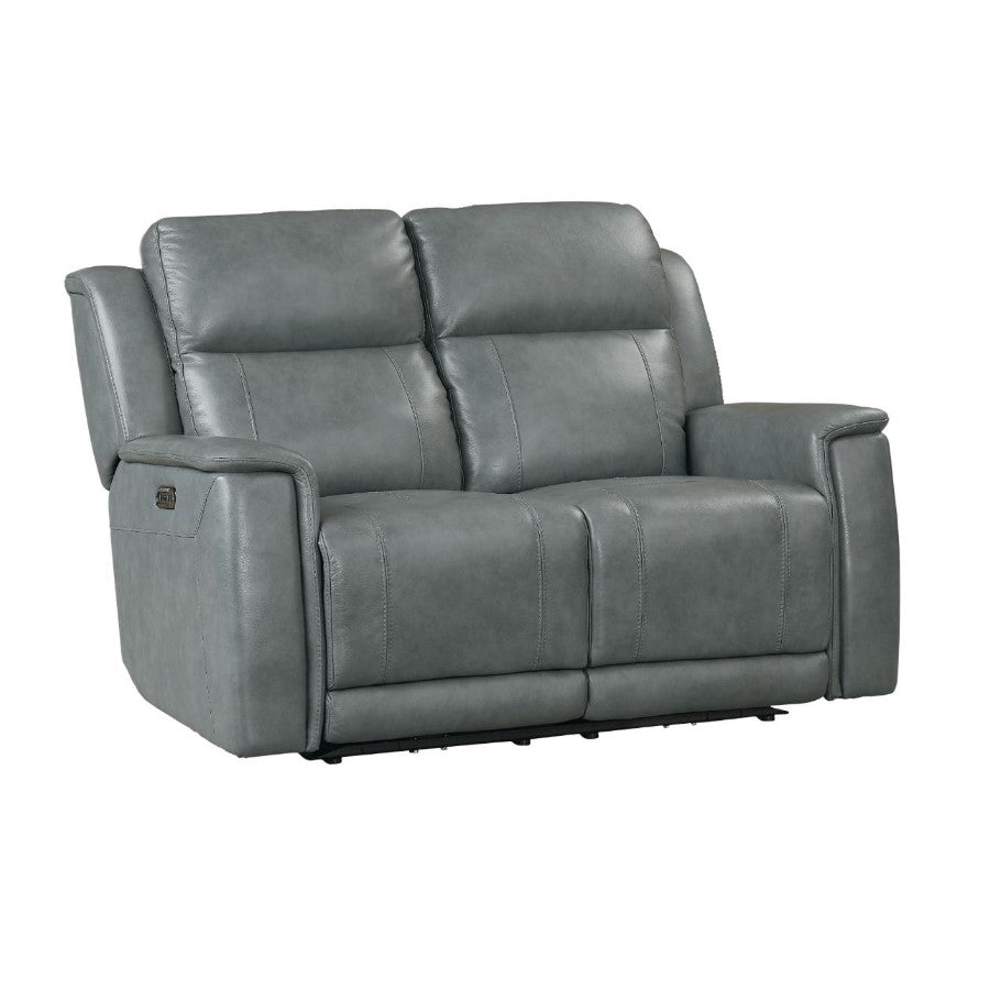 Gray leather recliner loveseat with plush cushions.