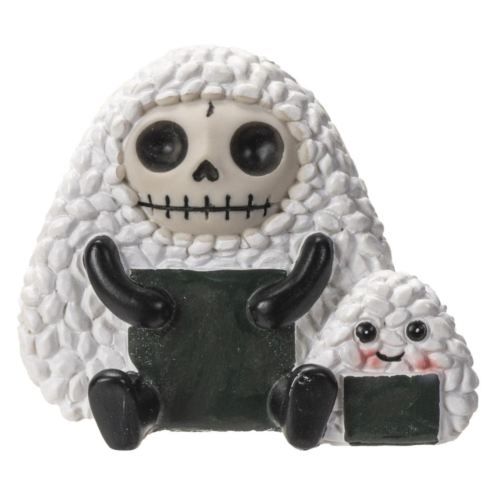 Two rice ball figurines, one with a skeleton face, holding green items.