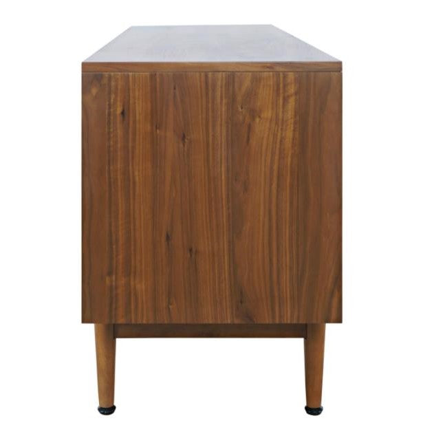 Side view of a wooden cabinet with four legs.