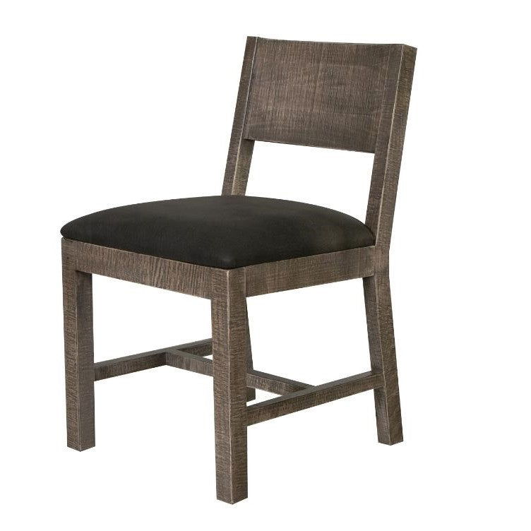 Wooden chair with a black cushioned seat and a simple backrest.