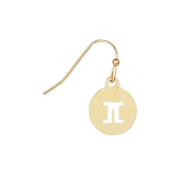 Gold earring with a Gemini symbol charm.