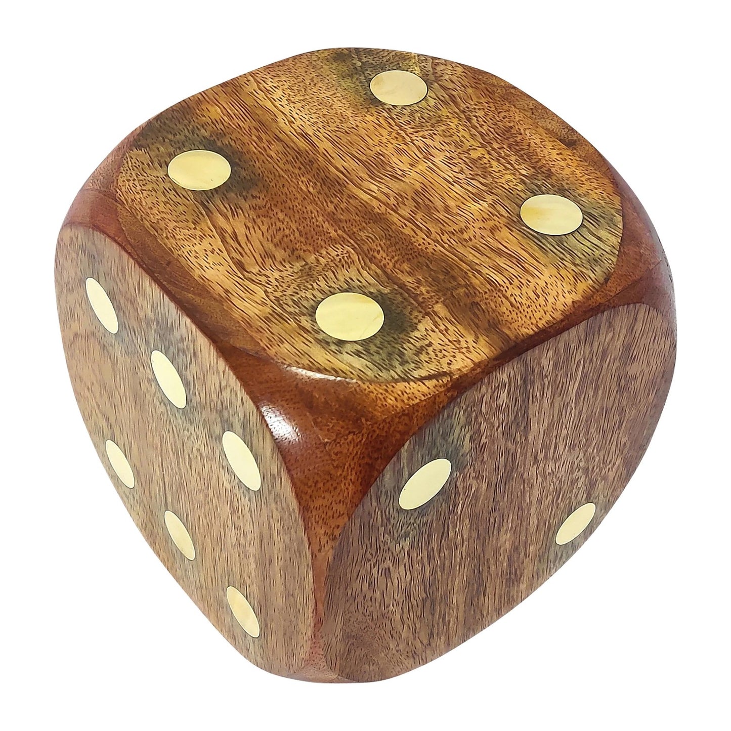 Wooden dice with gold dots, showing a five.