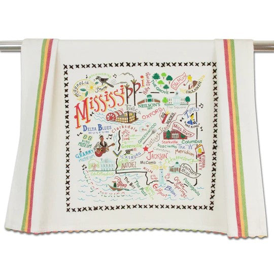 White towel with colorful Mississippi map design and striped edges.