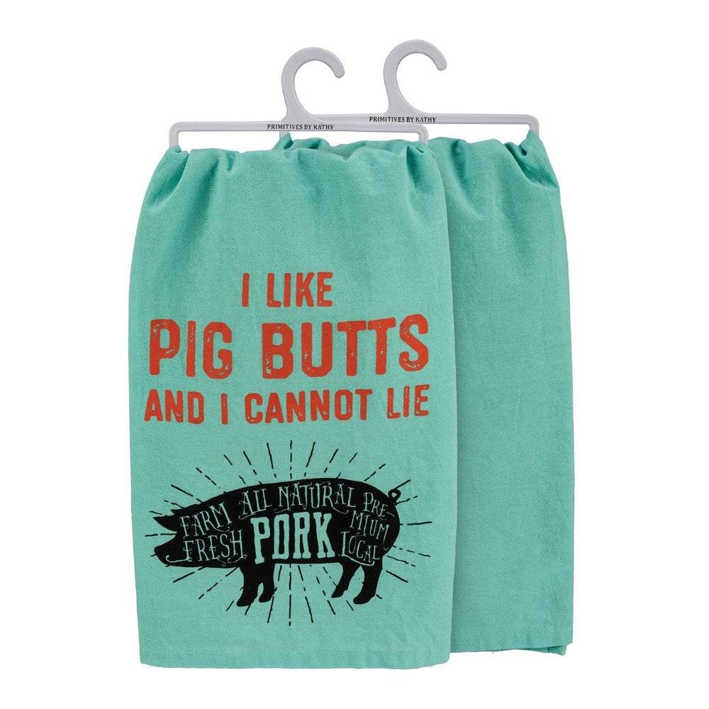 Teal towel with humorous pig-themed text and silhouette.