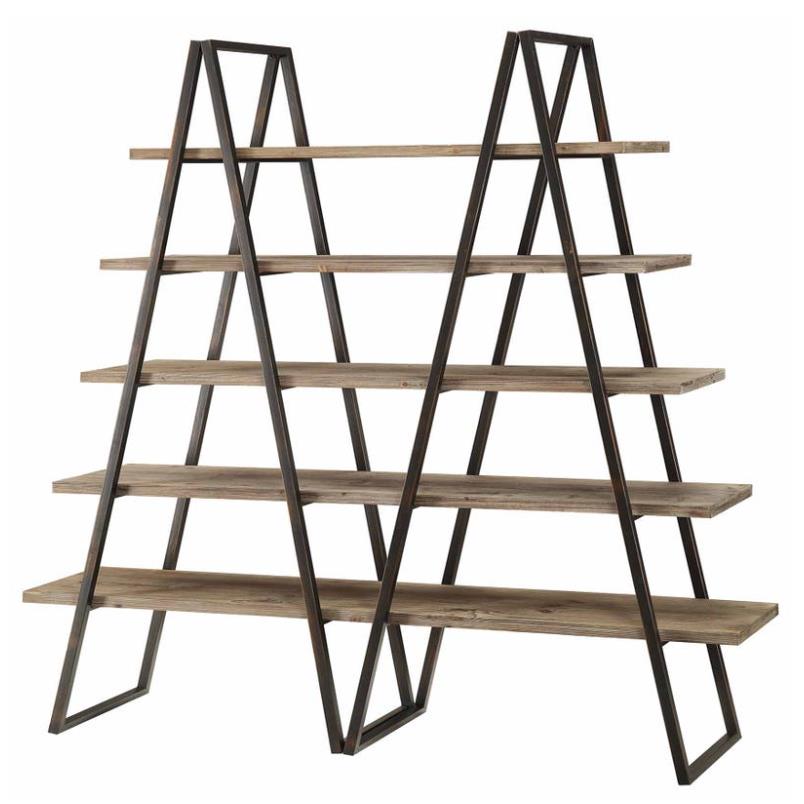 Wooden ladder-style shelf with metal frame.