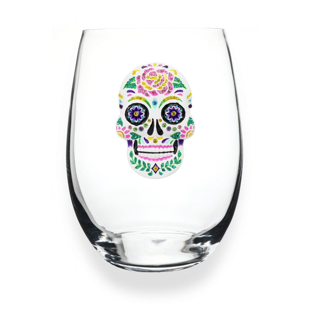 Clear glass with colorful skull design.