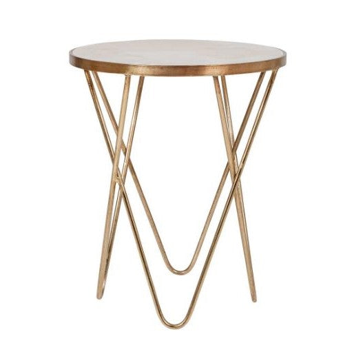Gold metal table with triangular leg design.