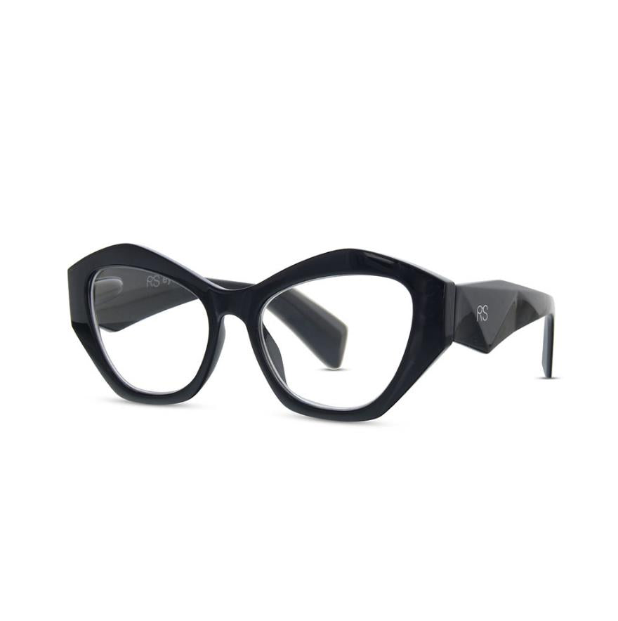 Black cat-eye glasses with thick, geometric frames.