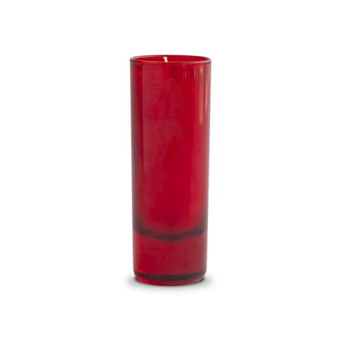 Tall red glass cylinder vase on white background.
