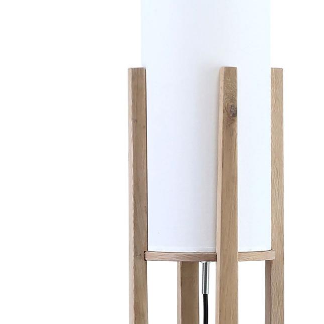 Modern lamp with wooden frame and white cylindrical shade.