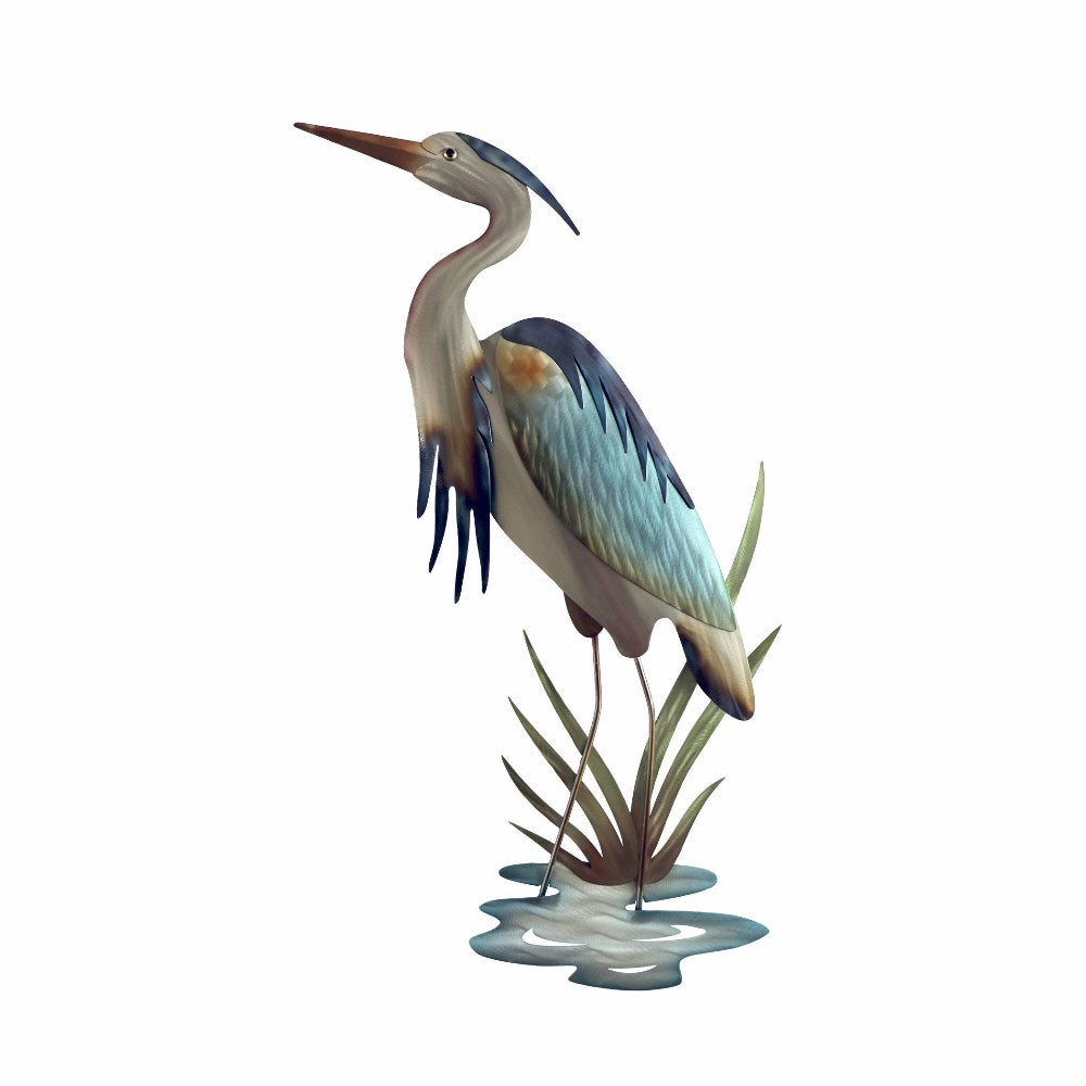 Elegant heron standing in water, surrounded by reeds.