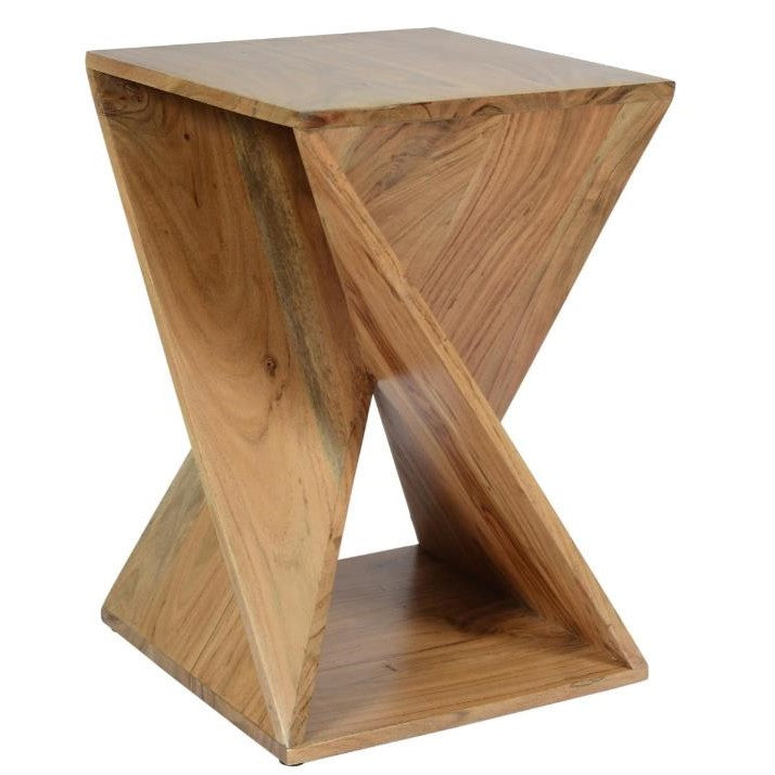 Geometric wooden stool with an intersecting X-shape design.